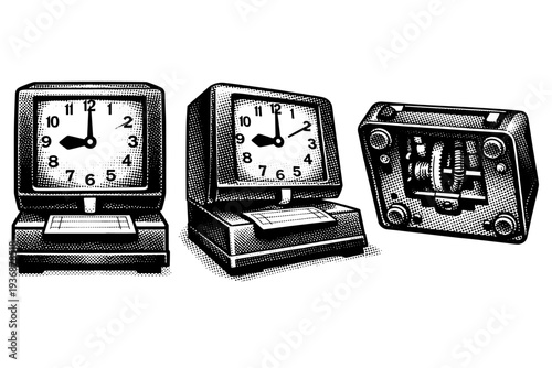 Time Clock Machine ? Retro office time clock device displayed in front view, angled view, and underside view, emphasizing base structure, punch mechanism