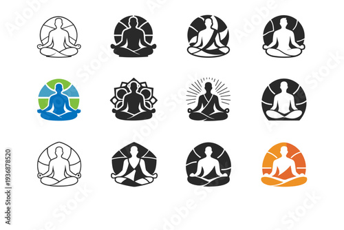 Mindfulness in sports. Icon set. Set Logo of sports mindfulness: athlete meditating. harmonious logo variations of the same emblematic concept, each with
