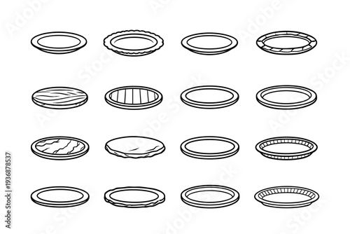 Platter Materials. Line icon set of Platter Materials: ceramic platter, porcelain platter, glass platter, crystal platter, wooden platter, bamboo platter,