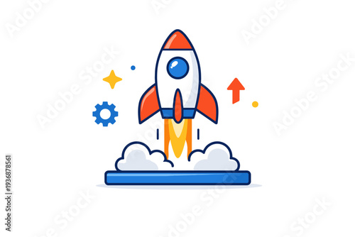 Startup culture optimism visualized by a rocket lifting gently from a minimal platform, conveying momentum, vision and belief in future success. A bold yet