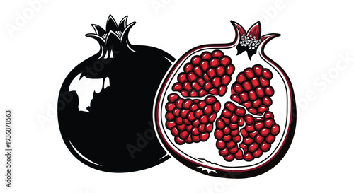 A striking illustration depicts a whole and a halved pomegranate showcasing its vibrant seeds high quality