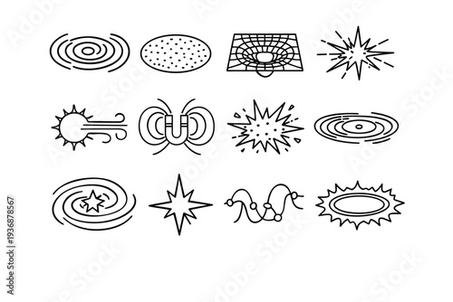 Cosmic Phenomena. Line icon set of Cosmic Phenomena: gravitational waves, cosmic microwave background, space-time grid, gamma ray burst, solar wind flow,