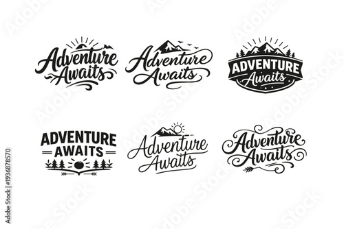 Adventure Awaits. Set lettering. harmonious lettering variations of the same emblematic concept, each with different artistic interpretation (Bold