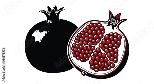 A stylized depiction of a whole and halved pomegranate showcasing its vibrant red seeds high quality