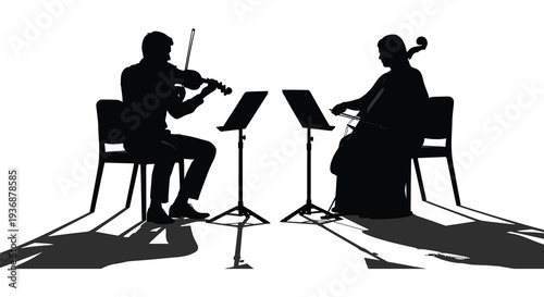 Silhouette of a violinist and cellist performing a duet on a white background high quality professional