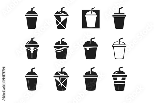 Plastic Cup. Icon set. Set Logo of Plastic Cup: cup with lid and straw. harmonious logo variations of the same emblematic concept, each with different artistic