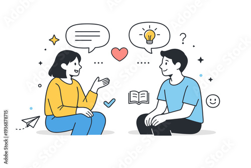 Friendly conversation. A calm editorial scene of two or more friends talking and exchanging thoughts. The mood feels open and sincere, with speech bubbles and