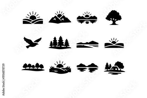 Nature at Dawn. Solid icon set of Nature at Dawn: meadow sunrise, mountain dawn, lake reflection, tree silhouette, bird in sky, quiet forest, open plain, early