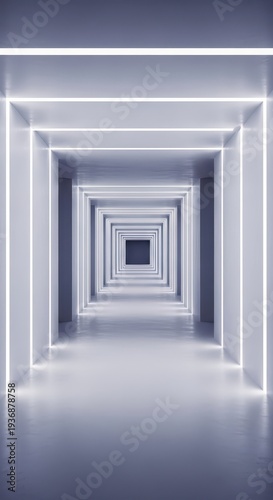 A very long and sterile modern corridor stretching into the distance, emphasizing symmetry, light, and architectural design, geometric, repeating, vanishing point