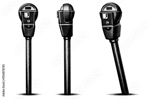 Parking meter full body with pole A realistic single parking meter mounted on a pole shown in three views: full frontal view, side profile, and slightly tilted