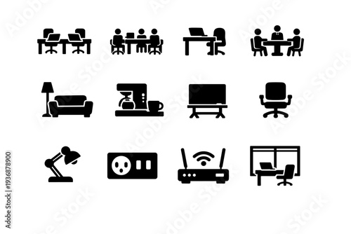 Co-working space. Solid icon set of Co-working space: shared desk, open workspace, hot desk, meeting room, lounge area, coffee station, whiteboard, office