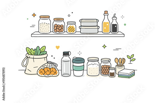 Minimalist zero-waste kitchen. Neatly organized jars, reusable containers, and cloth bags in a kitchen, promoting eco-conscious living with calm, clean visual