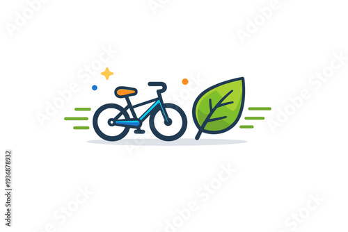 Sustainable lifestyle shown as a bicycle paired with a simple leaf icon and motion lines. The scene highlights eco conscious transportation, active movement,