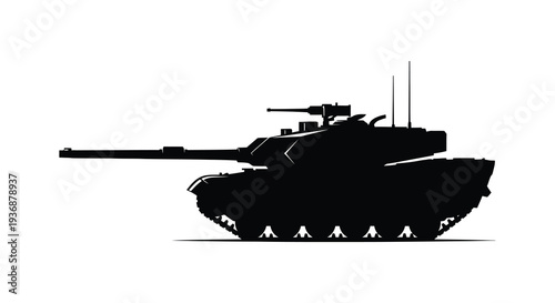 A stark silhouette of a modern battle tank showcasing its powerful form and military design