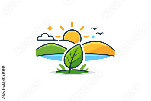 Nature care shown as a clean landscape scene with sun, hills, and a single leaf in the foreground. The illustration communicates harmony, preservation, and