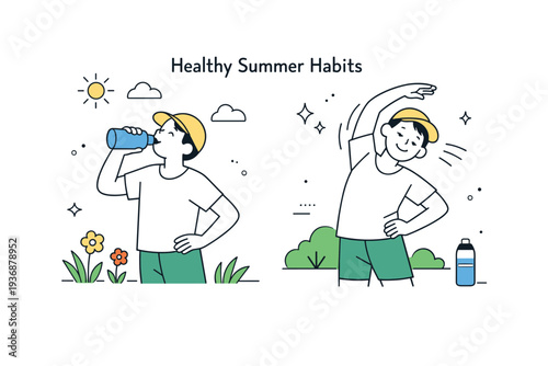 Healthy summer habits. A person drinking water and stretching gently outdoors, focused on simple daily care. The mood is fresh and energizing, without being