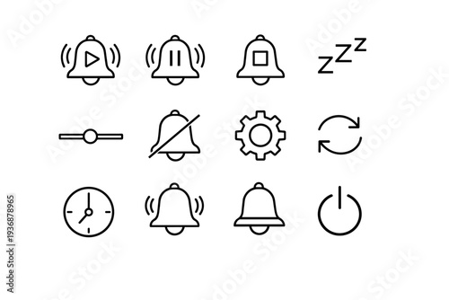 Alarm Controls. Line icon set of Alarm Controls: play alarm, pause alarm, stop alarm, snooze icon, volume slider, mute bell, settings gear, repeat arrows, time