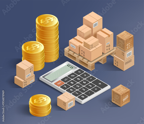 Calculator among cardboard boxes and coins. Freight transportation costs. Vector isometric projection.