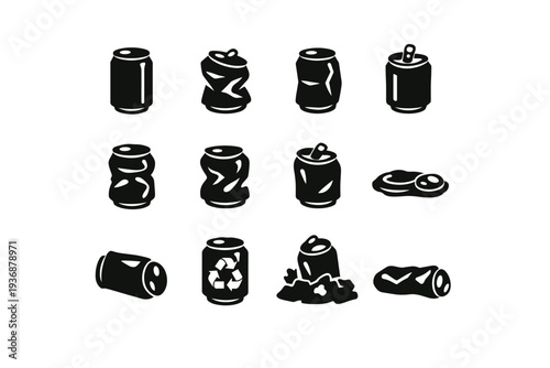Used Soda Can. Solid icon set of Used Soda Can: empty soda can, crushed can, dented soda can, opened empty can, wrinkled can, squeezed soda can, can with bent