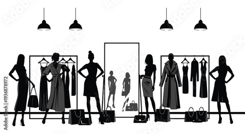 A black and white illustration depicts a fashion show with models and clothing racks high quality professional detailed