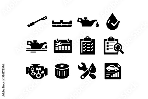 Oil Check Chart. Solid icon set of Oil Check Chart: oil dipstick, engine oil level gauge, oil pressure warning, oil drop with checkmark, car dashboard oil