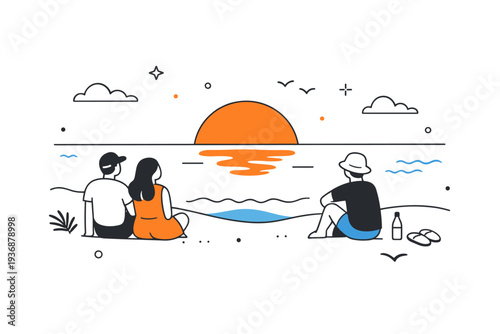 Summer evening seaside. People sitting near the water watching the sun dip below the horizon, expressing reflection and quiet joy. Soft waves and warm tones