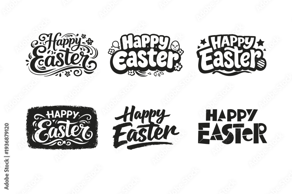 Obraz premium Happy Easter. Set lettering. harmonious lettering variations of the same emblematic concept, each with different artistic interpretation (Whimsical curly type