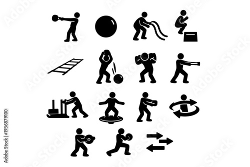Functional Training. Solid icon set of Functional Training: kettlebell swing, medicine ball, battle ropes, box jump, agility ladder, slam ball, sandbag lift,
