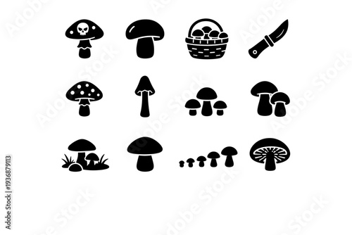 Wild Mushrooms. Solid icon set of Wild Mushrooms: poisonous mushroom, edible mushroom, mushroom basket, foraging knife, spotted mushroom, tall mushroom, small