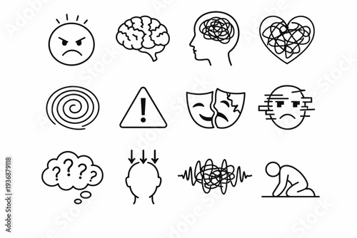 Emotional Overload. Line icon set of Emotional Overload: stressed face, cracked brain, tangled thoughts, chaotic heart, anxiety spiral, overload warning