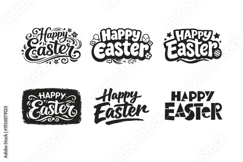 Happy Easter. Set lettering. harmonious lettering variations of the same emblematic concept, each with different artistic interpretation (Whimsical curly type