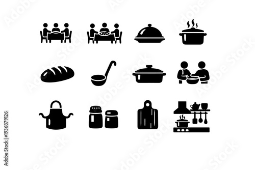 Home Cooking Traditions. Solid icon set of Home Cooking Traditions: family dinner table, shared meal, serving platter, steaming pot, homemade bread, soup