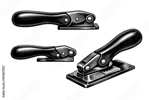 Credit card imprinter handle A realistic handle of a vintage credit card imprinter shown as a single object in three views including top, side, and angled