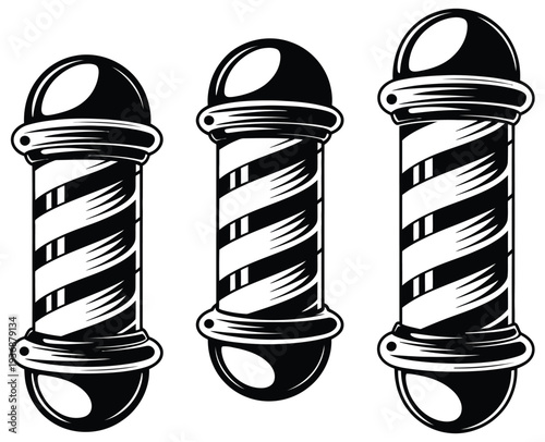 Barber pole classic hair salon signage, barbershop icon set for hairstyling and grooming services, vintage striped barber pole