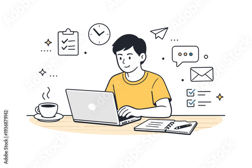 Freelancer lifestyle. A calm editorial scene of a person working on a laptop at a desk with coffee and notes nearby. The mood feels focused yet relaxed, with