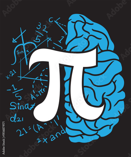 human brain and pi symbol design, mathematical formulas in brain illustration, neuroscience and math teacher shirt, intellectual stem education graphic, logical thinking brain with pi