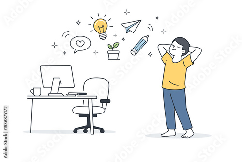 Creative recovery. A creator stepping away from the desk, stretching or breathing calmly as light idea icons slowly reappear. Hopeful transition from burnout