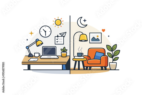 Work life balance illustrated through a split but harmonious scene combining a desk workspace and a relaxed home corner, expressing flexibility and emotional