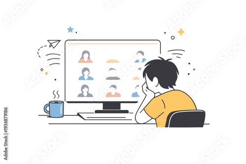 Online meeting burnout. A character facing a screen with small video call windows fading or blurring, showing reduced focus and low energy. Soft editorial