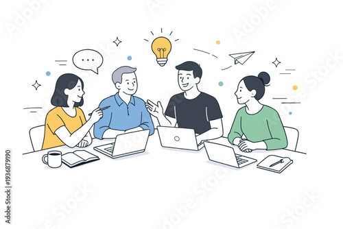 Team brainstorming session. A group of colleagues gathered around a table with laptops and notes, discussing ideas with friendly collaboration and focused