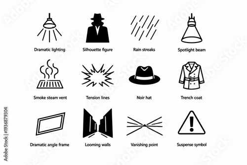 Cinematic Alley Mood. Line icon set of Cinematic Alley Mood: dramatic lighting, silhouette figure, rain streaks, spotlight beam, smoke steam vent, tension