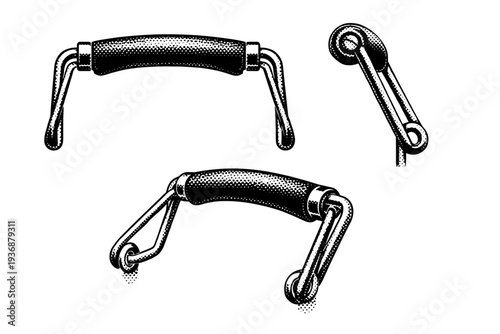 Shopping basket handle A detailed handle of a wire shopping basket presented as a single object in three views including front, side, and angled, focusing on