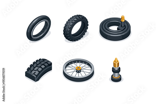 Bicycle Tire. Isometric flat vector icons set of bicycle tire: road bike tire, mountain bike tire, inner tube, tire tread pattern, bicycle wheel rim, valve