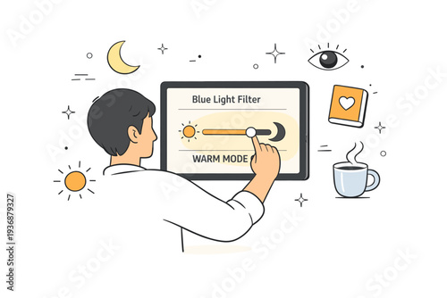 Reducing blue light exposure. Person adjusting screen settings on a tablet, warm tones appearing on the display. Sense of awareness and digital self-care,