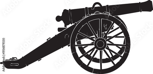 Antique field cannon silhouette illustration on transparent background in vector line art