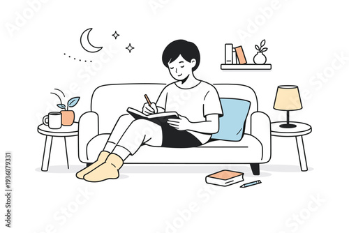 Quiet evening reflection. A person journaling or reading on a sofa, peaceful focus and inner calm. Soft posture and minimal interior elements emphasize rest