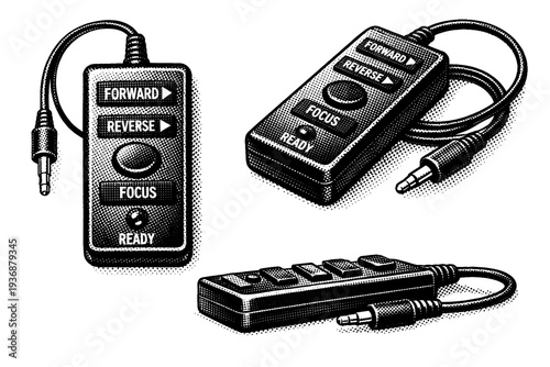 Slide projector remote control, a single wired remote shown in three views including top view, angled view, and side view with clearly defined buttons and