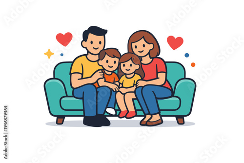 Family life cozy home moment shown as a family gathered on a sofa with simple heart accents, symbolizing comfort, safety and shared time. Minimalist flat