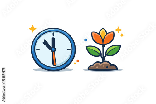 Late bloomers personal success story highlighting quiet resilience, shown with a simple clock and a blooming plant to suggest growth beyond expected timelines.