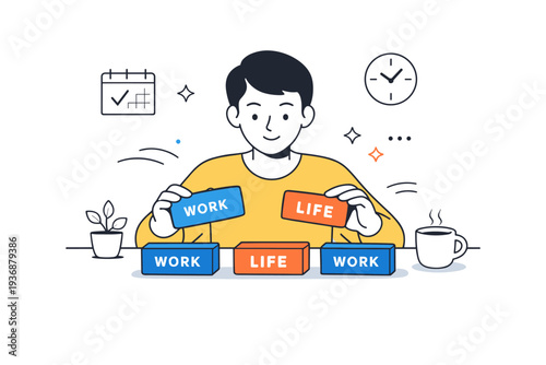 Flexible schedule. A person planning their day with simple cards or blocks labeled work and life, calmly rearranging them. The illustration conveys control,
